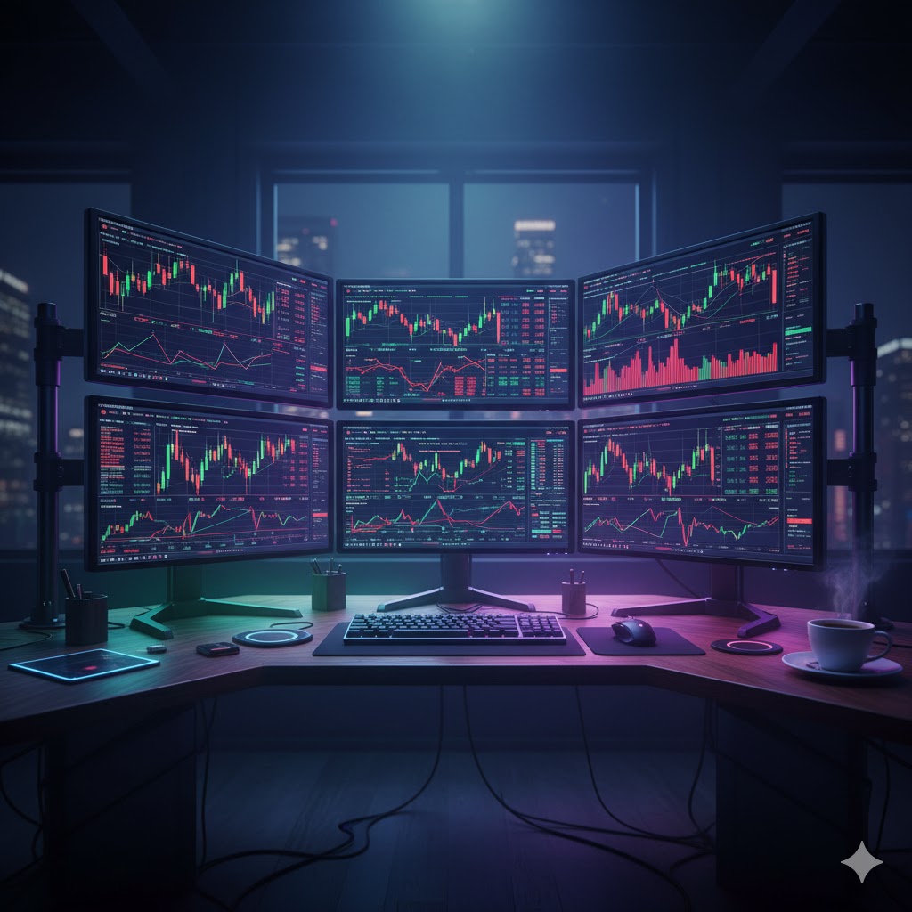 Business meeting in a modern trading desk environment Success & Growth Symbol