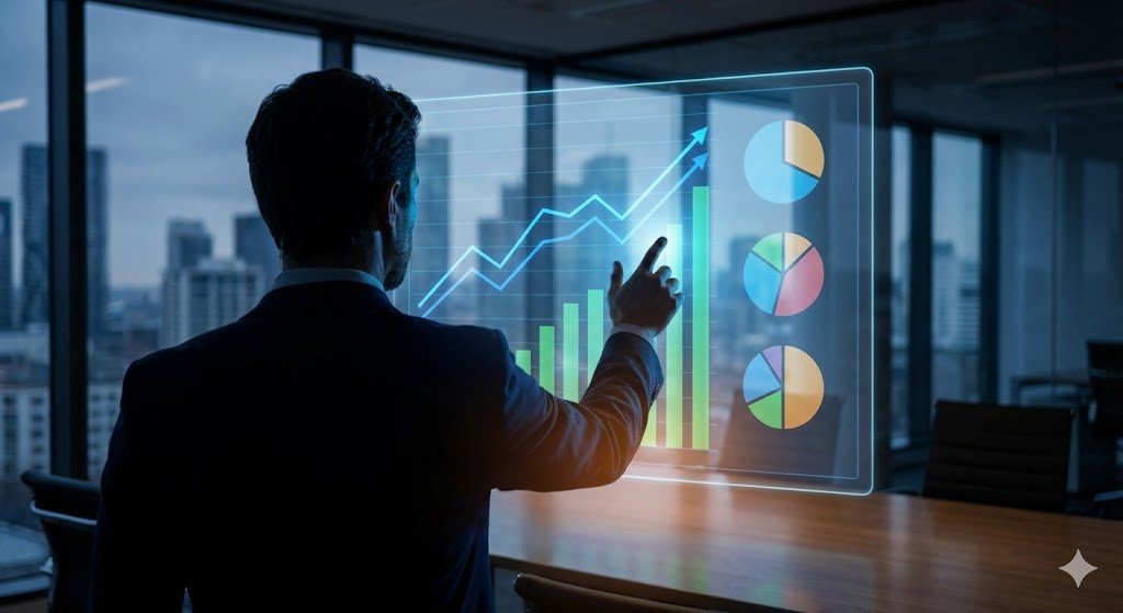 Data visualization dashboard showing key customer journey metrics Global Biz Background