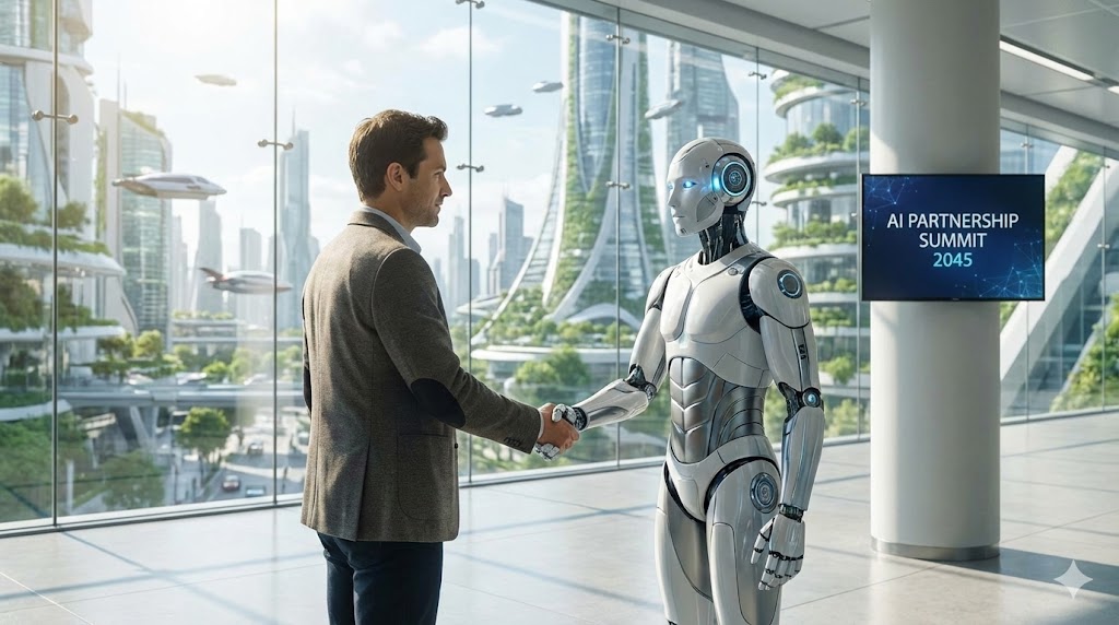 AI robot collaborating with human worker in modern office Modern Workspace Mood